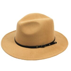 Stylish Tan Wide Brim Fedora Hat with Black Band